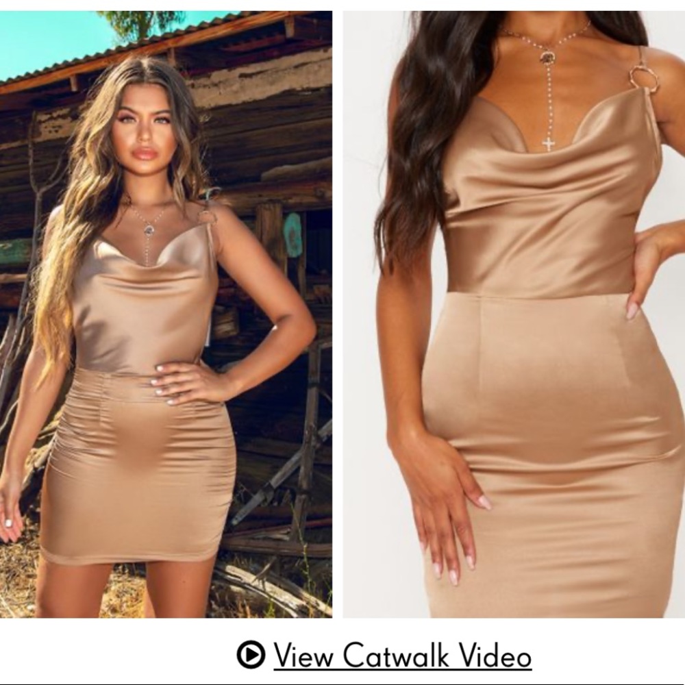 Satin Cowl Neck Ring Detail Bodycon Dress